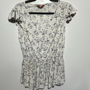 SJS Women's Multicolor Floral V-Neck Flutter Cap Sleeve Blouson Blouse Large